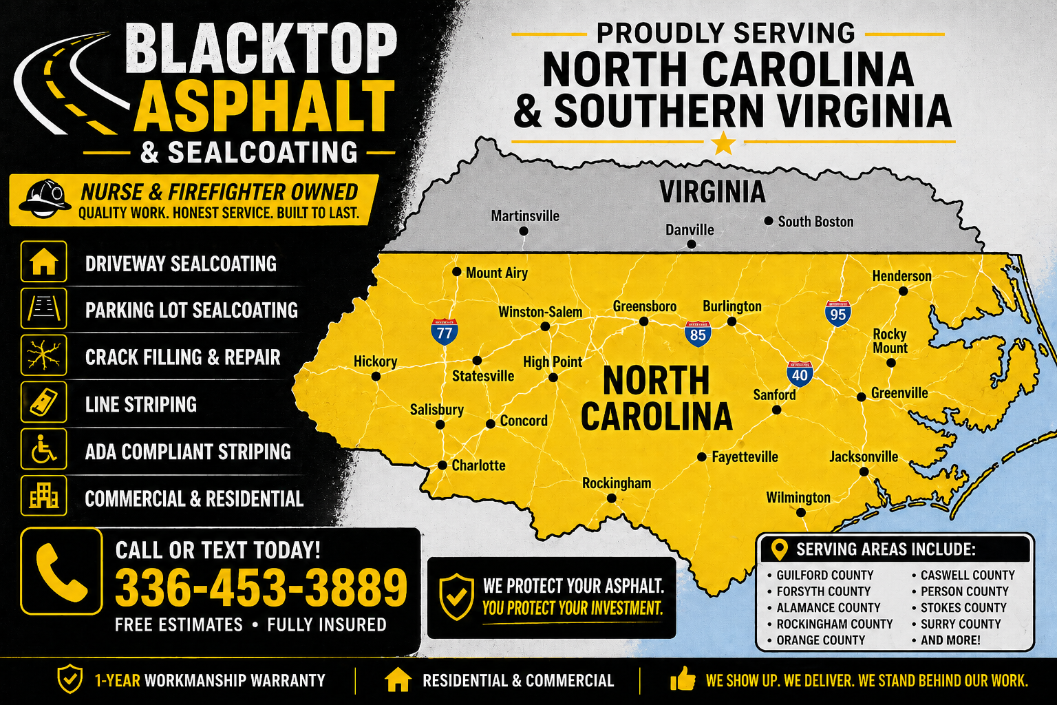 Areas served map for Blacktop Asphalt and Sealcoating in North Carolina and Southern Virginia